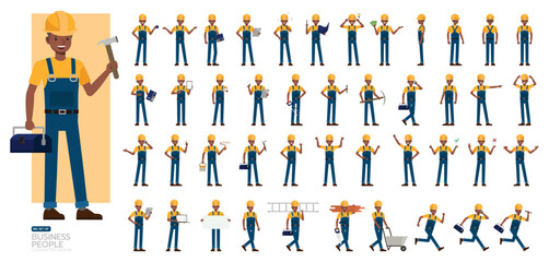 Big Set of male African American construction worker character vector design. Man working and presentation in various action.
