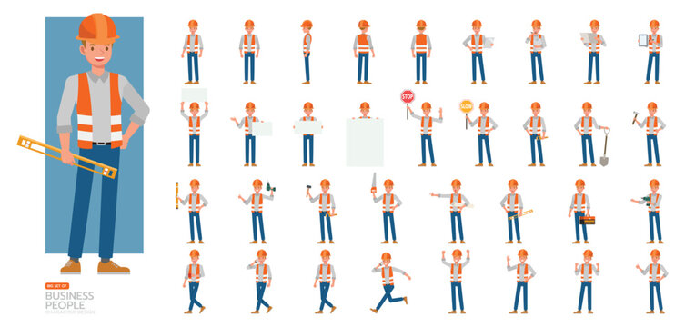 Big Set of construction worker character vector design. Man working and presentation in various action.