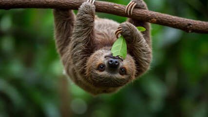 Fototapeta premium Cute sloth hanging from a branch and eating a leaf. A two-toed sloth in the rainforest. International Sloth Day.