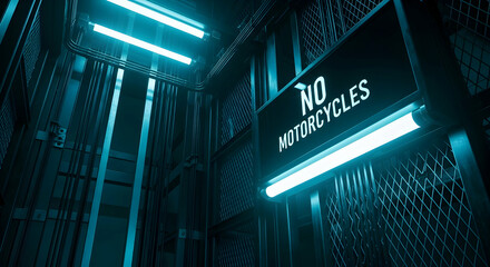 Abstract Industrial Setting With Restriction Sign And Neon Blue Lighting Interior