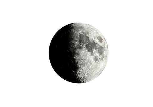 Detailed view of a waxing gibbous celestial body with visible craters in a dark environment on transparent background