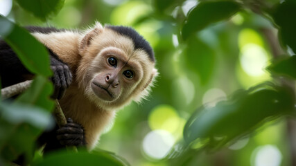 Fototapeta premium Curious capuchin monkey in the rainforest. A small primate peeking through green leaves in the jungle.