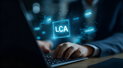 LCA Analysis and Eco-Tech : Close-up shot of hands analyzing eco data over a laptop, illustrating concepts like environmental impact assessment in a modern tech-focused business environment.