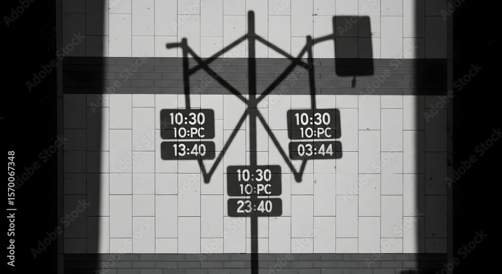 Poster abstract light play projection creating a wall clock illusion with multiple times
