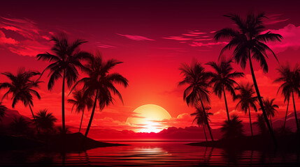 Crimson red sky over tropical beach with palm silhouettes.