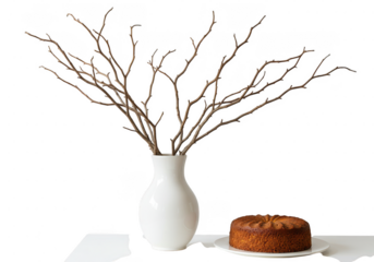 Still life featuring a cake on a plate and branches in a white vase against a dark setting on transparent background