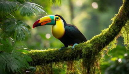 Naklejka premium a vibrant toucan perched on a branch in a lush green forest
