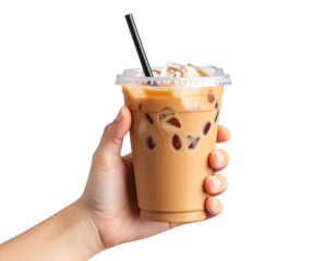 hand holding iced coffee with straw, trendy cup design, transparent background