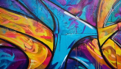 vibrant graffiti piece covers concrete wall featuring explosion of colors abstract shapes that intertwine overlap artwork complex layering of turquoise yellow purple