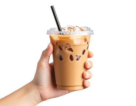 hand holding iced coffee with straw, trendy cup design, transparent background - Powered by Adobe