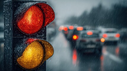 Rain falls steadily on a city street as traffic lights show red and yellow signals. Cars are seen in the background, creating a bustling atmosphere during the wet weather.