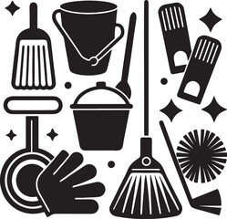 Collection of cleaning tools and supplies in silhouette icons vector on white background