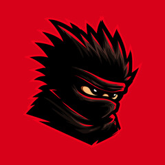 Stylized ninja emblem showcasing fierce expression and spiky hair against a bold red background