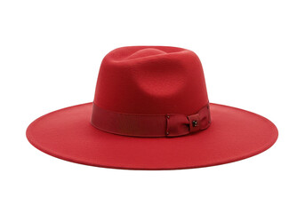 Isolated image showing a vibrant scarlet fedora with a ribbon accent on a simple plane on transparent background