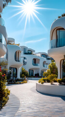 Futuristic eco-friendly residential architecture with modern organic shapes under bright sun
