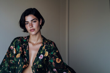 Fashion model posing in floral dress and gold necklace