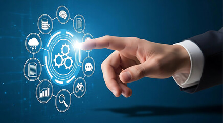Hand Engaging with Digital Automation Dashboard Featuring Central Gear Icon Surrounded by Cloud Storage, Data Analytics, Search, and Communication Symbols on Blue Technology Background