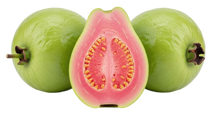 Isolated Fresh Guava Fruits, Whole and Halved