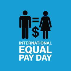 International Equal Pay Day Graphic Symbolizing Gender Equality with Male and Female Figures, Dollar Sign, and Equality Sign on a Vibrant Blue Background for Social Awareness.