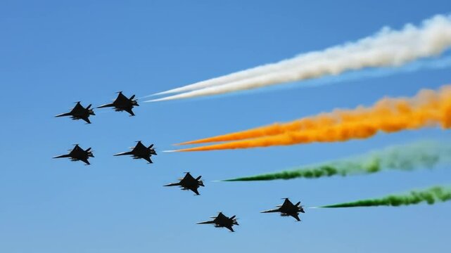 Dynamic display of seven fighter jets performing stunning aerial show on a clear sky