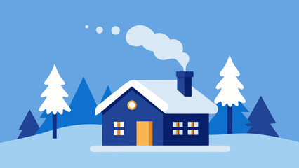 Cozy house in a snowy winter landscape with Christmas trees and a clear blue sky