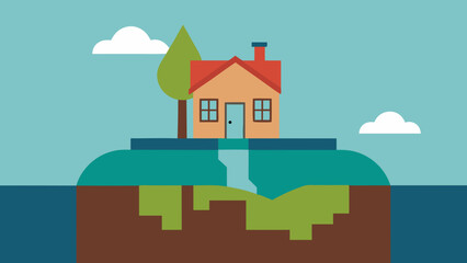 Cartoon vector illustration of a house on a hill in a summer village landscape