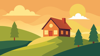 Fototapeta premium Vector illustration of an autumn rural landscape with houses, trees, and mountains