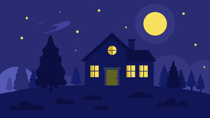 Fototapeta premium Vector illustration of a spooky dark house and city under a starry Halloween night sky with trees and bats