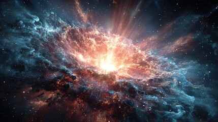 Fototapeta premium A brilliant cosmic explosion unfolds, featuring vibrant colors and swirling gases in a nebula. The scene captures the wonders of the universe in stunning detail, revealing its beauty.