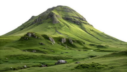 A serene, realistic landscape of a single, gently sloping mountain covered in lush, bold green moss and grass. Gray rocky patches dot the terrain. The mountain is centered perfectly in the frame, with