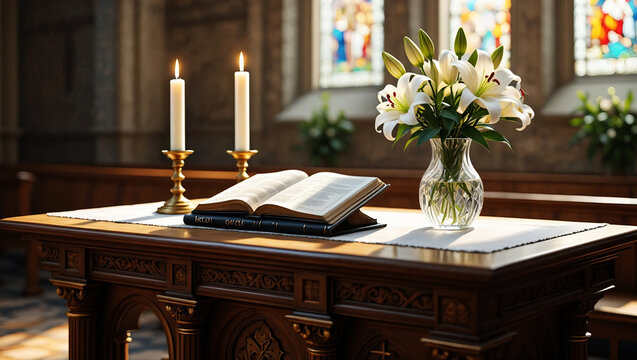assumption day | Liturgical altar with open bible candles and lilies book open book
