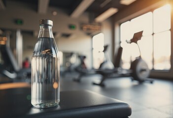 Blank glass water bottle on a gym bench, perfect for fitness enthusiasts