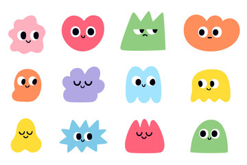 Set of colorful geometric characters with expressive faces. Unique hand-drawn shapes with various moods and emotions on white background. Perfect for stickers, prints, or kids' design.