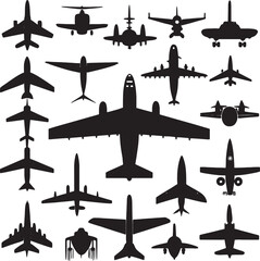 Collection of diverse airplane silhouettes isolated on white background 