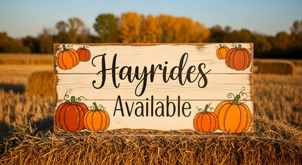 Autumn Hayrides Available Sign On Hay Bale In Golden Field Scenic Farm Activity