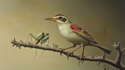 A vibrant red-backed shrike, resembling a small robin, perches on a wild winter branch