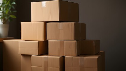 Obraz premium Cardboard boxes stacked for moving house delivery storage relocation packing shipment