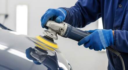 Skilled mechanic meticulously polishing a car's shiny metallic surface with an electric polisher and protective blue gloves to achieve a flawless finish in a clean workshop environment.