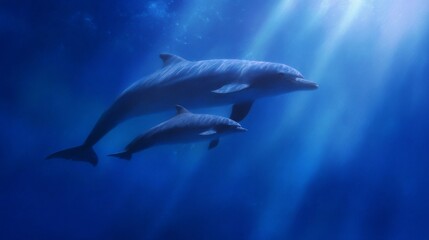 Fototapeta premium Two dolphins swim gracefully in the clear blue ocean water. The scene captures their beauty and playfulness. An impressive underwater moment. Perfect for wildlife enthusiasts. AI