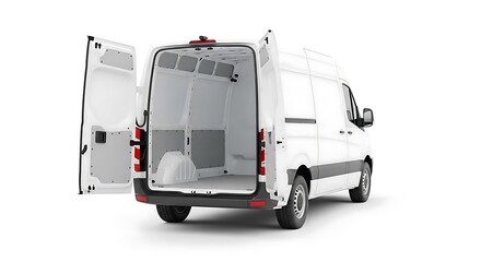 Modern White Cargo Van with Rear Doors Open Showing Spacious Empty Interior Isolated on White Background