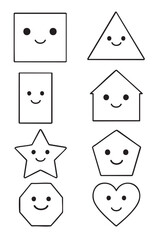 A collection of smiling geometric shapes for kids to learn and color with fun expressions.