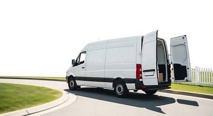 Fototapeta premium White Cargo Van with Rear Doors Open Parked on Paved Road Next to Green Grassy Area and White Picket Fence on a Bright Sunny Day Isolated on White Background