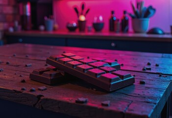 Fototapeta premium Blank chocolate bar displayed on a rustic wooden table