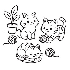Adorable kittens play with yarn and nap peacefully near a houseplant. Great for children coloring books. 