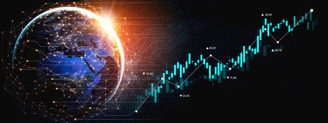 Stock market analysis with candlestick chart and price movement trend line, highlighting global...