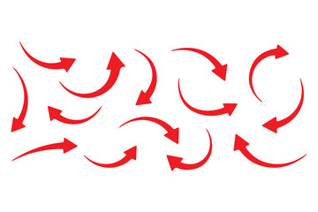 A simple, red, curved arrow pointing to the right and down on a white background. Direction symbol. Vector illustration. eps 10