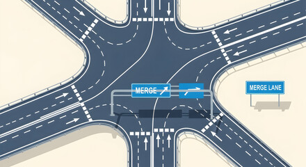 Complex Intersections Road Signage For Direct Traffic Flow And Merge Lanes