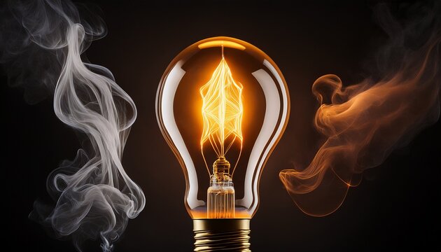 burning incandescent light bulb with glowing filament and smoke on dark background