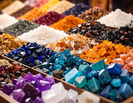 Colorful gems and crystals in wooden trays