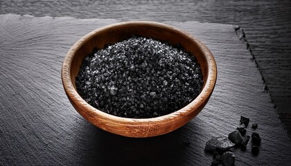 black lava salt crystals in a wooden bowl on a slate board background